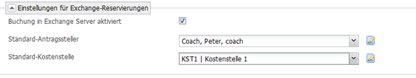 Auf dem Screenshot ist der Bereich "Einstellungen für Exchange-Reservierungen" zu sehen. Das Merkmal "Buchung in Exchange Server aktiviert" ist aktiviert. Als Standard-Antragsteller ist "Coach, Peter, coach" ausgewählt. Als Standard-Kostenstelle ist "KST1 | Kostenstelle 1" ausgewählt.